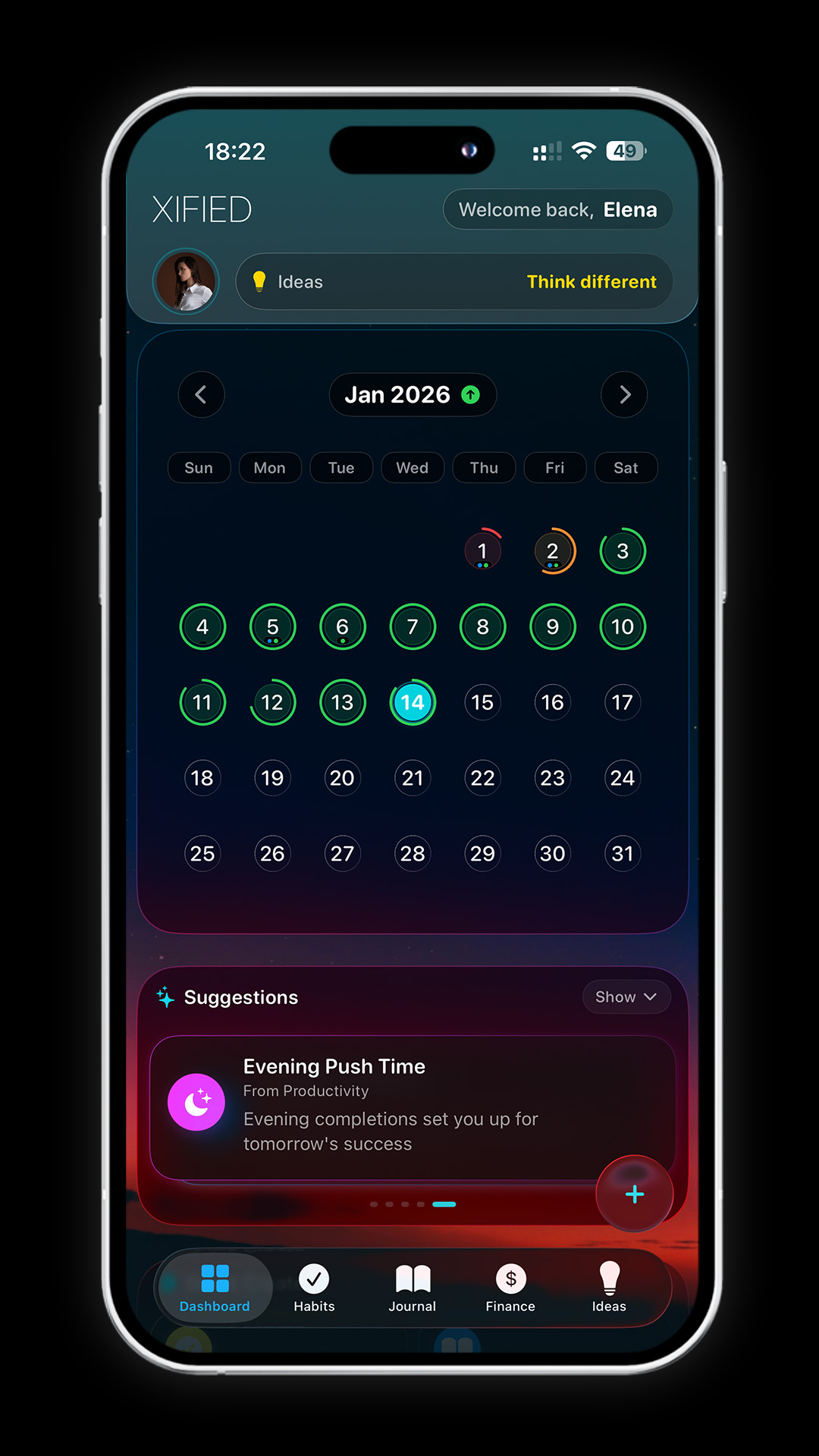 Xified home dashboard with calendar and AI suggestions
